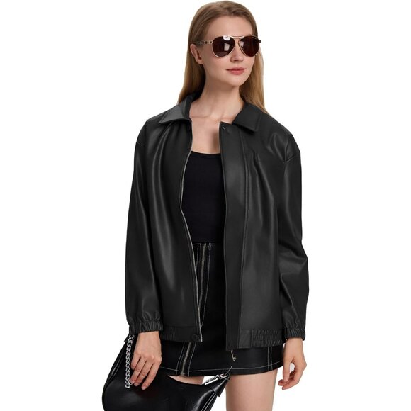 Women's Black Faux Leather Zip-Up Jacket with Elastic Cuffs and Collar - Picture 4 of 7